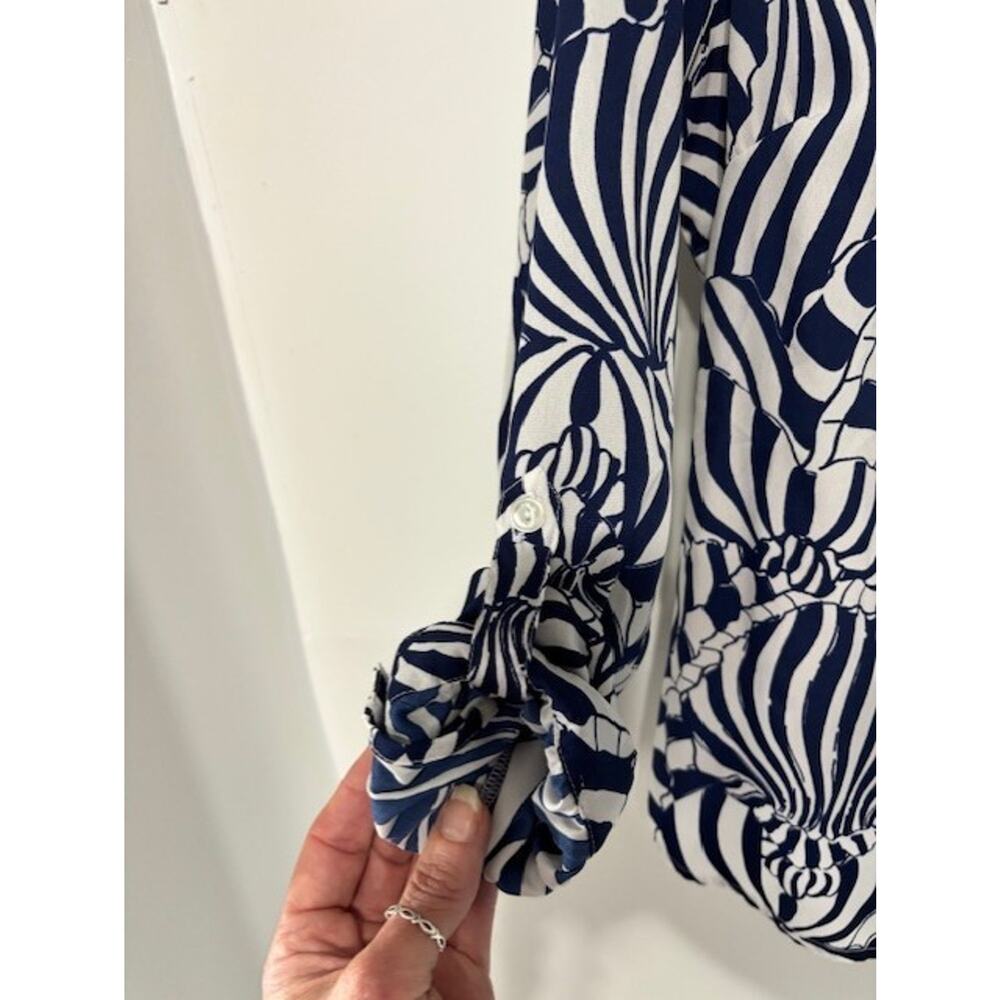 Caribbean Joe L Navy White Seashell Print Roll Tab Blouse Coastal Resort Beach - Picture 5 of 7